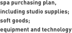 spa purchasing plan, including studio supplies; soft goods; equipment and technology